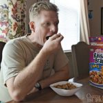 hubby eating Kellogg's Raisin Bran Crunch for breakfast before work