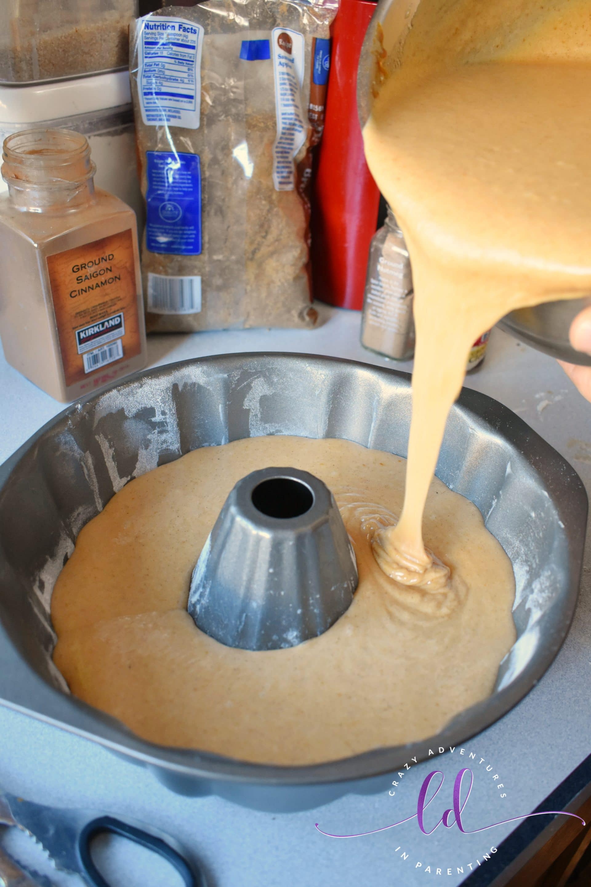 Pour batter into pans for pumpkin bread