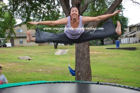 mom toe touch on the trampoline