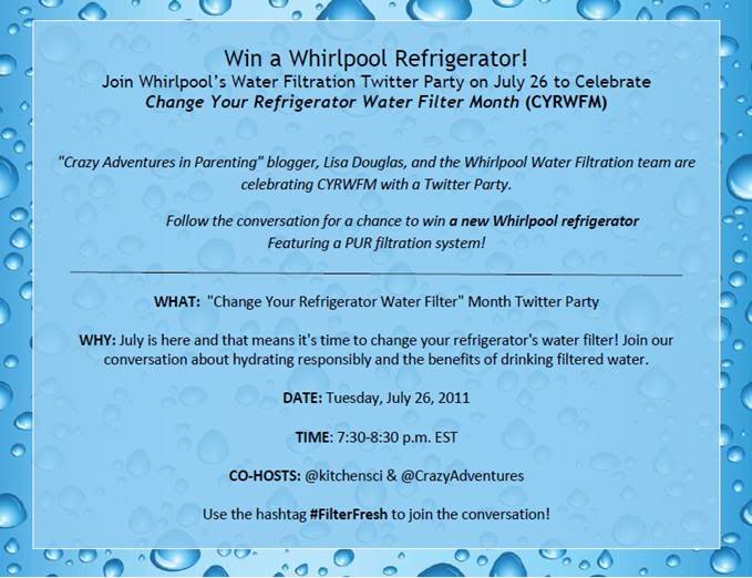 Win a Whirlpool Fridge with PUR Water Filtration during our Twitter Party 7/26 hashtag #FilterFresh
