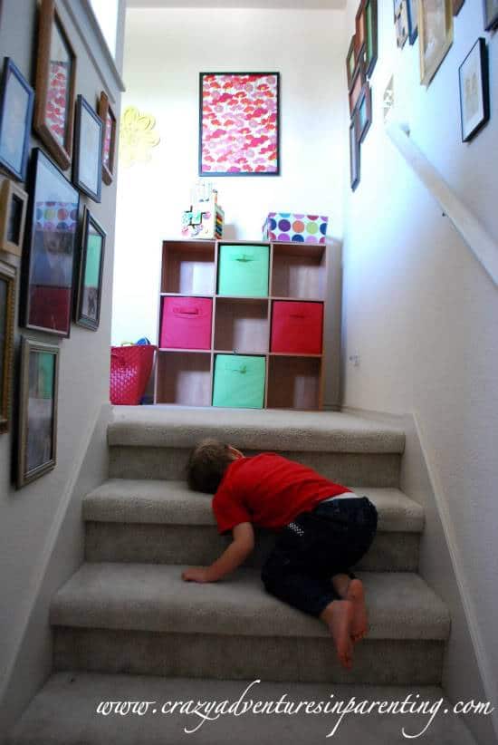 Kids sleep anywhere, even going up the stairs.