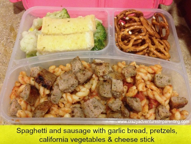 school-lunch-ideas-spaghetti-sausage-veggies