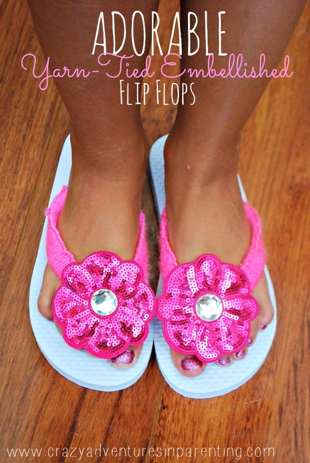 adorable yarn-tied embellished flip flops