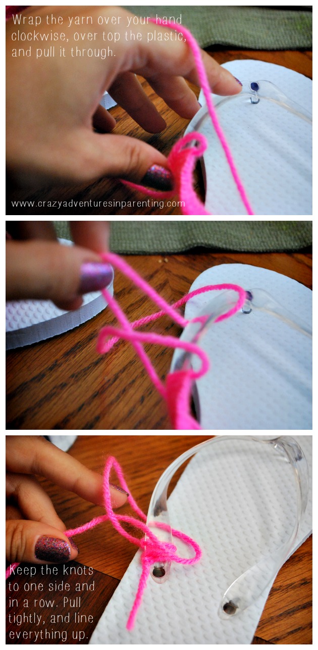 how to tie the yarn around the flip flop