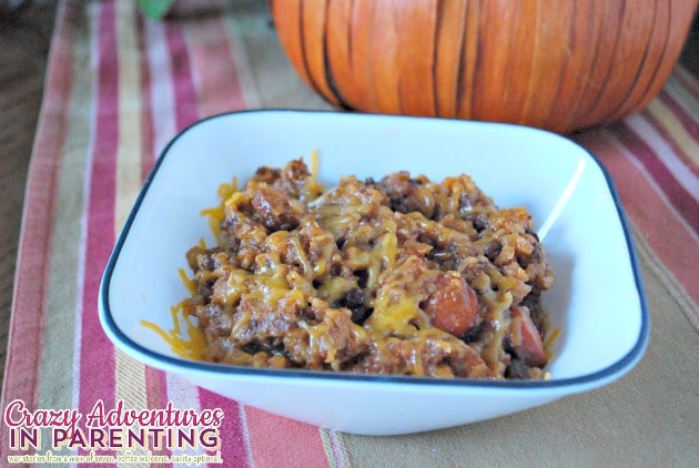 Slow Cooker Chili Tater Tot Casserole with Hot Dogs