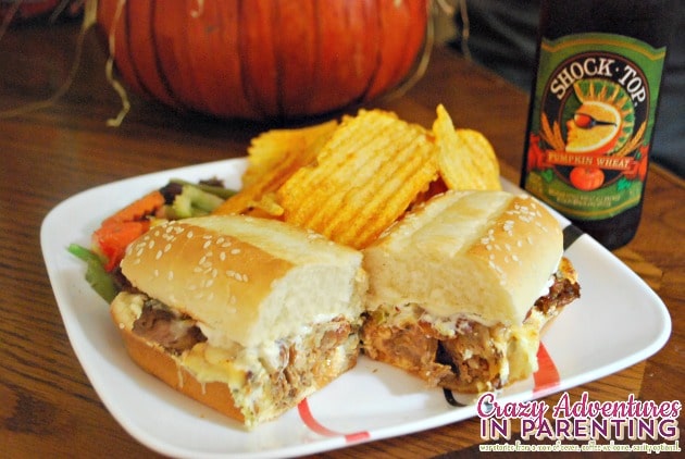 Tex-Mex Philly Cheese Steak Sandwich with beer