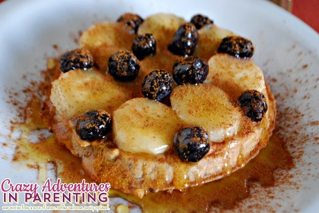 Whole Wheat Peanut Butter Banana Blueberry Waffle Breakfast