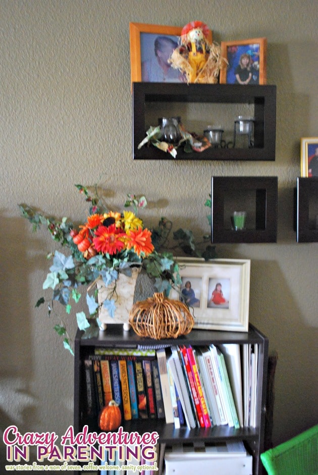 fall decor bookcase living room