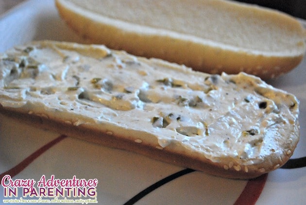 jalapeno cream cheese spread on hoagie roll
