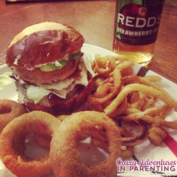 pretzel bread burger with strawberry ale