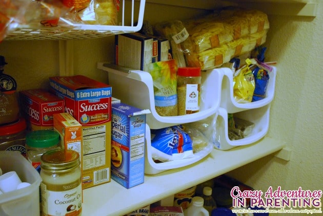 organized pastas, rices, and baking goods on third shelf