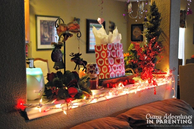 lit up shelf for Valentine's decorations