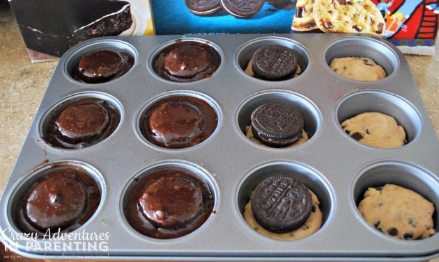 Oreo Cookie Dough Brownie Cupcakes set-up