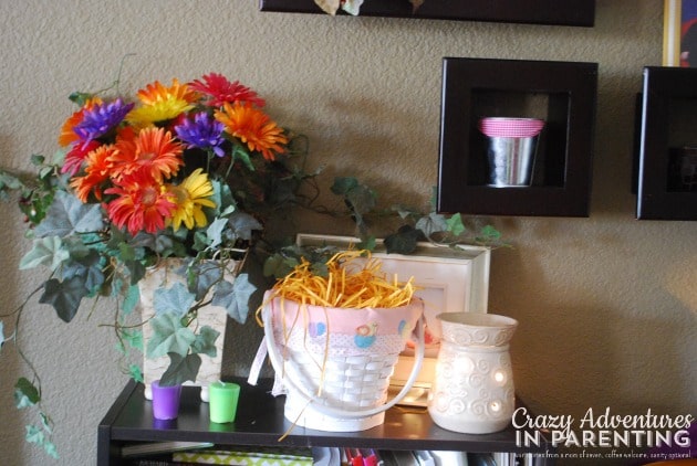 Easter basket decorations on shelf