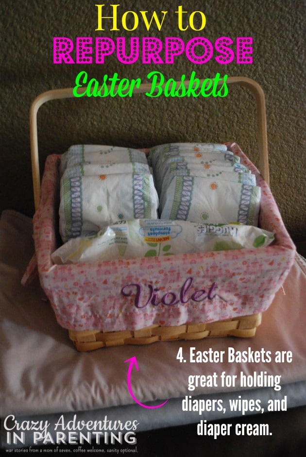 repurposing easter baskets for baby diapers and wipes