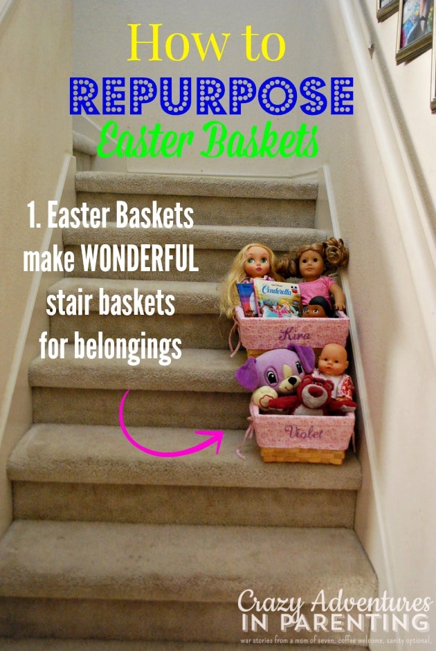 repurposing easter baskets on the stairs