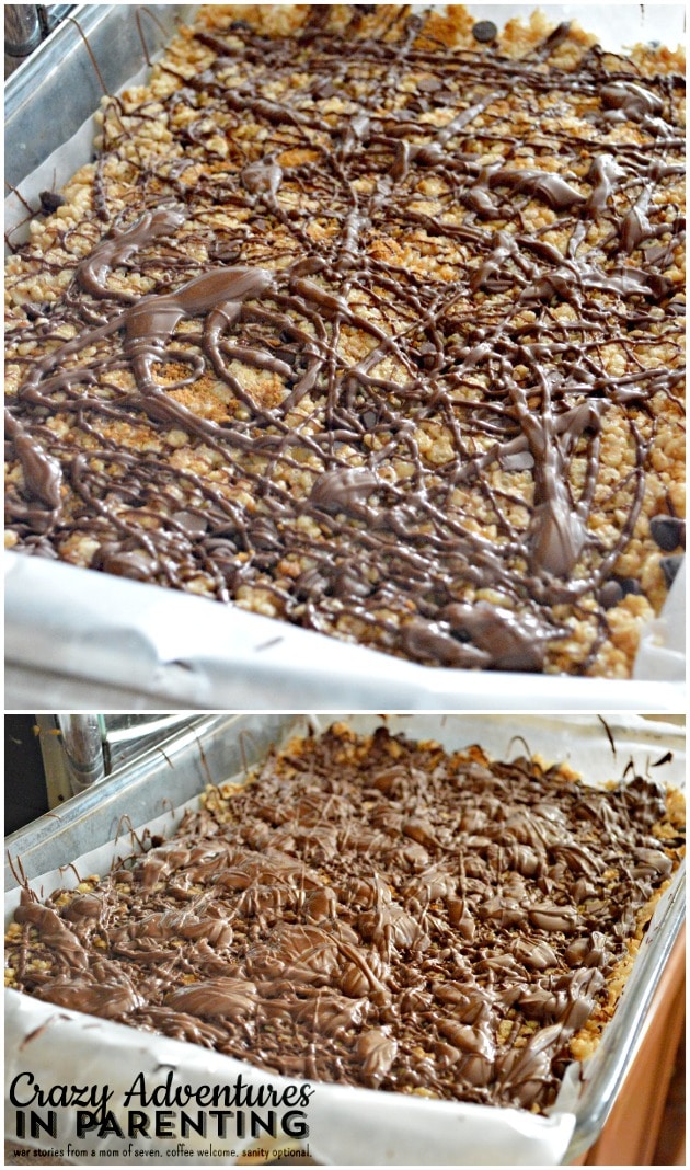 Nutella Cookie Dough Rice Krispies Treats - during and after drizzle