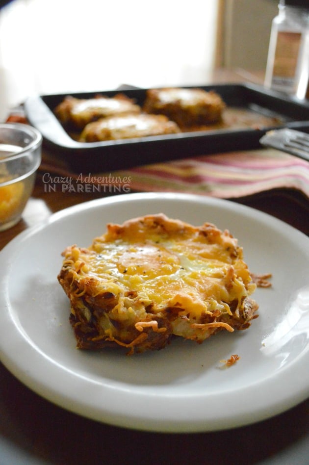 Bacon Egg and Hash Brown Nests plated