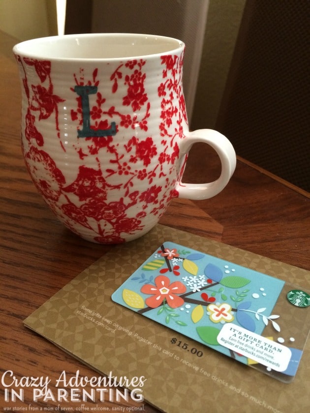 monogrammed coffee mug and Starbucks gift card gift