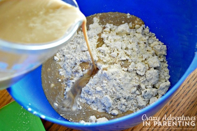 pouring Caramel Macchiato into muffin mix