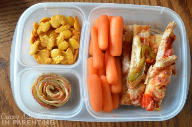 Pizza Sticks school lunch with Apple Rose Tarts, Carrots, and Horizon Organic snack crackers