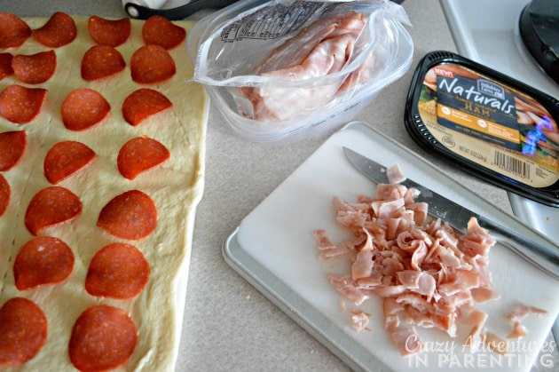 homemade pizza rolls - dice the ham