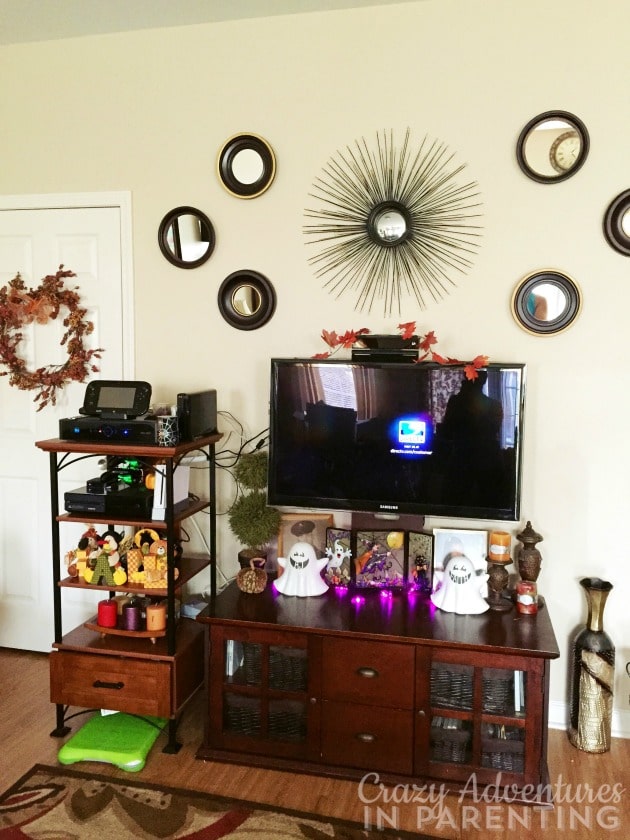 Halloween decor on the TV stand