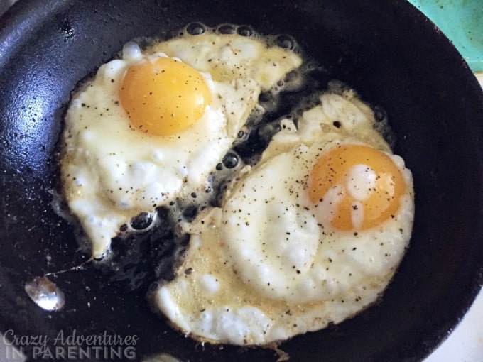 fried eggs cut in two