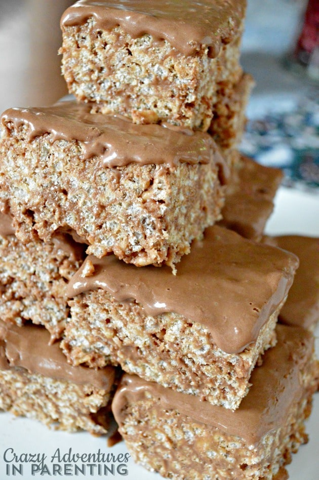 Stacked gourmet fudge crispy rice treats - so chocolatey!