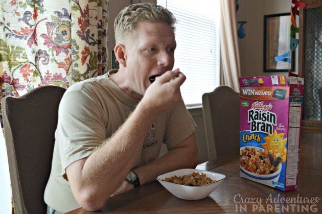 hubby eating Kellogg's Raisin Bran Crunch for breakfast before work