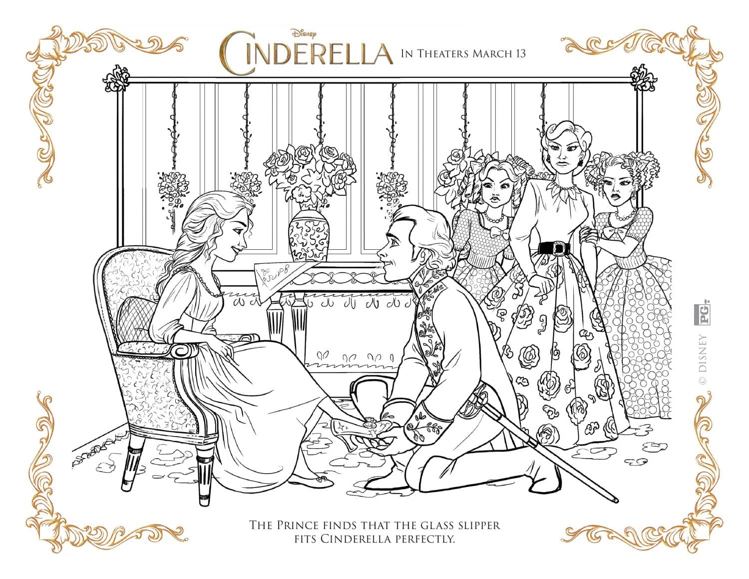 Cinderella coloring page - the glass slipper fits