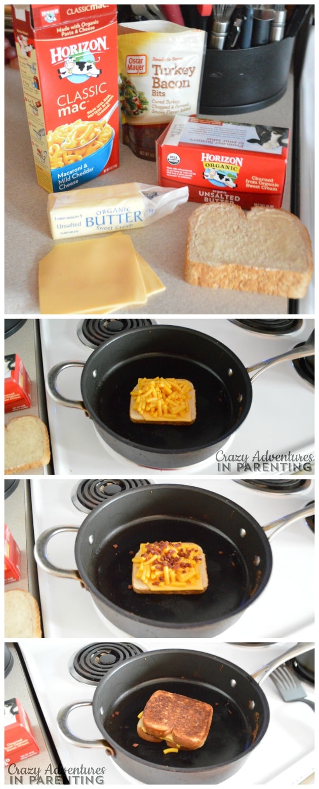 Preparing bacon macaroni and cheese grilled cheese as a quick and easy meal or after-school snack