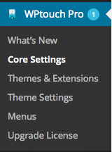 WP Touch WordPress sidebar Core Settings