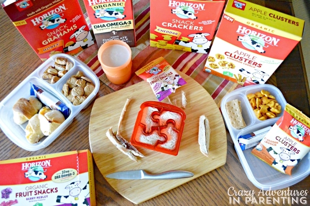 Making shaped sandwiches with Horizon snacks for lunch