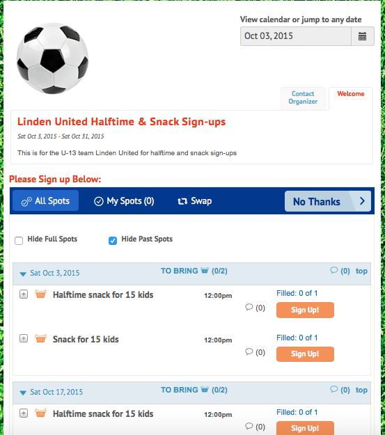 Our VolunteerSpot sign-up sheet for soccer