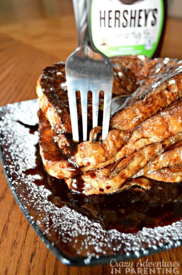 Oozing chocolate syrup on chocolate french toast Oozing chocolate syrup on chocolate french toast
