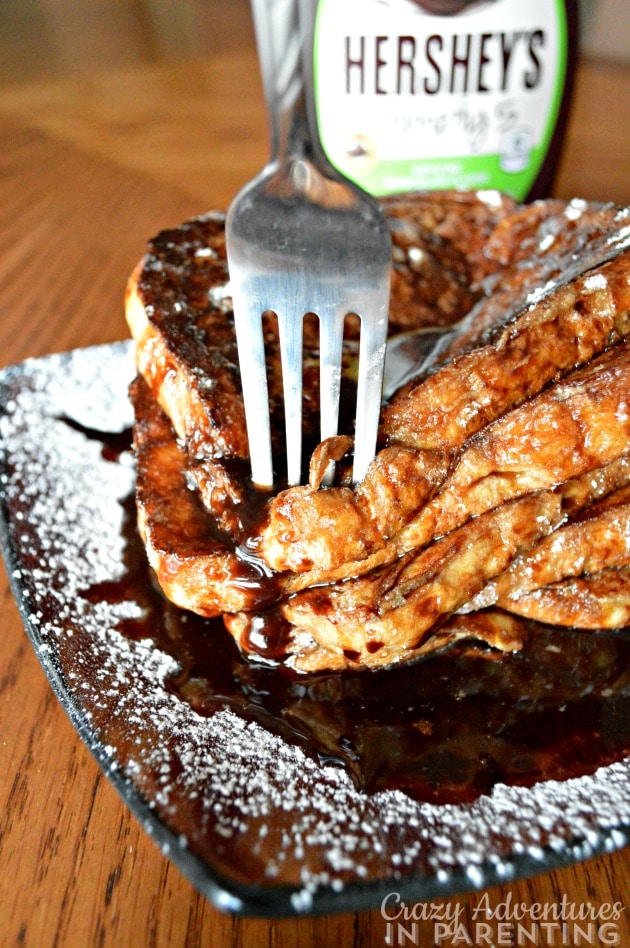 Oozing chocolate syrup on chocolate french toast