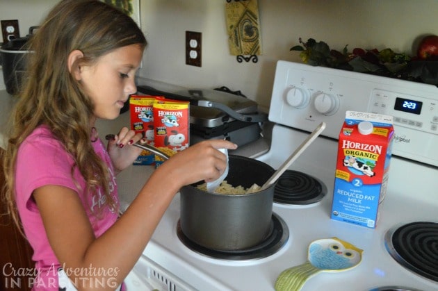 Daughter helping me mac Horizon Organic macaroni and cheese