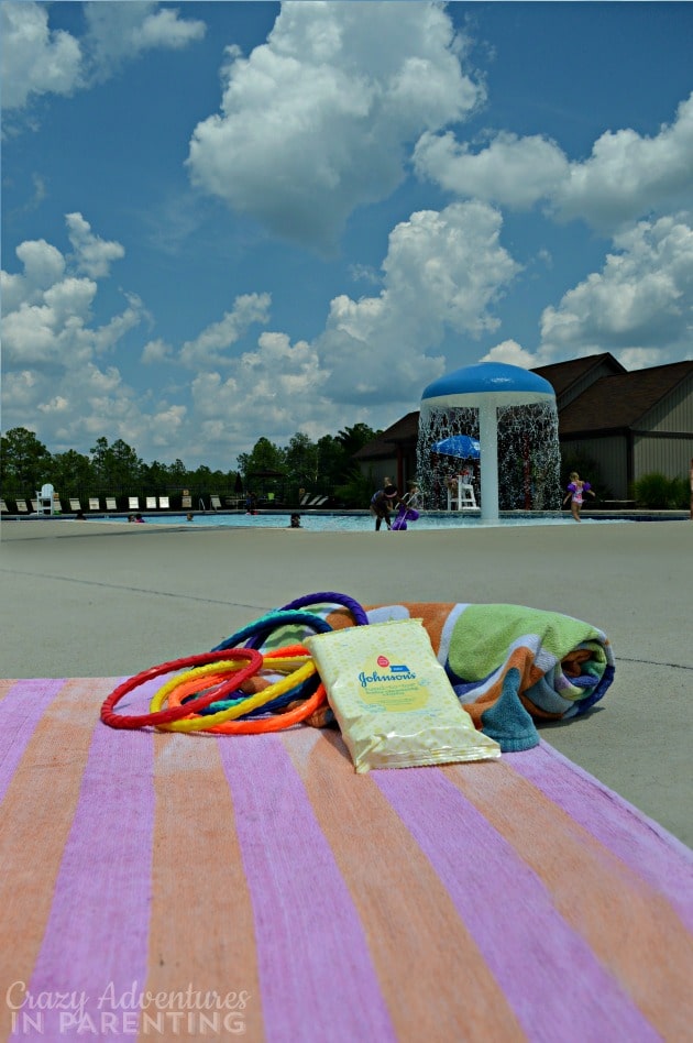 JOHNSON'S HEAD-TO-TOE baby cleansing cloths at the pool