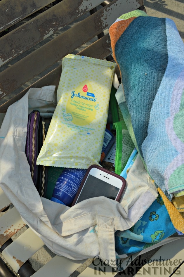 JOHNSON'S HEAD-TO-TOE baby cleansing cloths in the beach bag