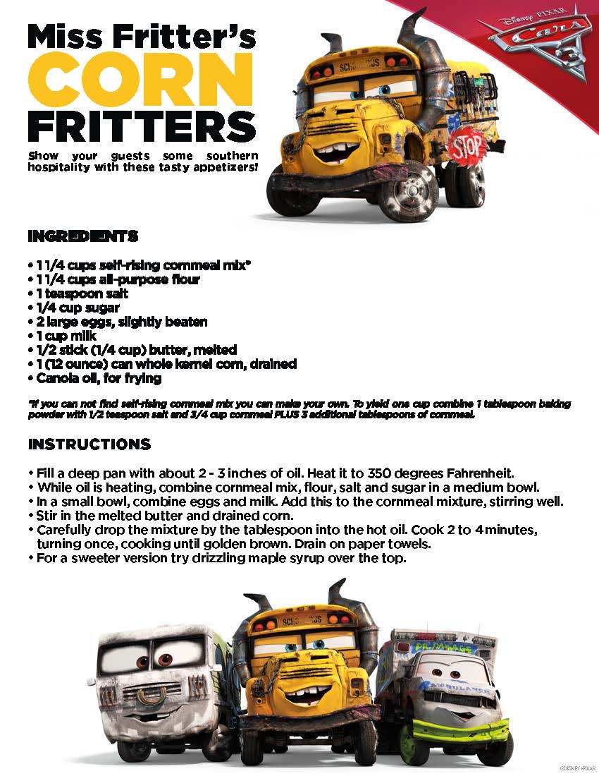 Cars 3 Activity Sheet - Miss Fritters Corn Fritters Recipe