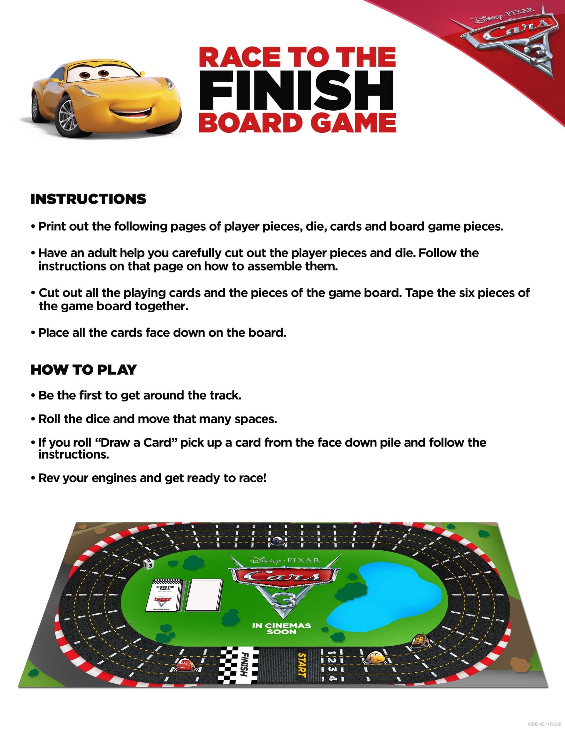 Cars 3 Activity Sheet - Race to the Finish Board Game