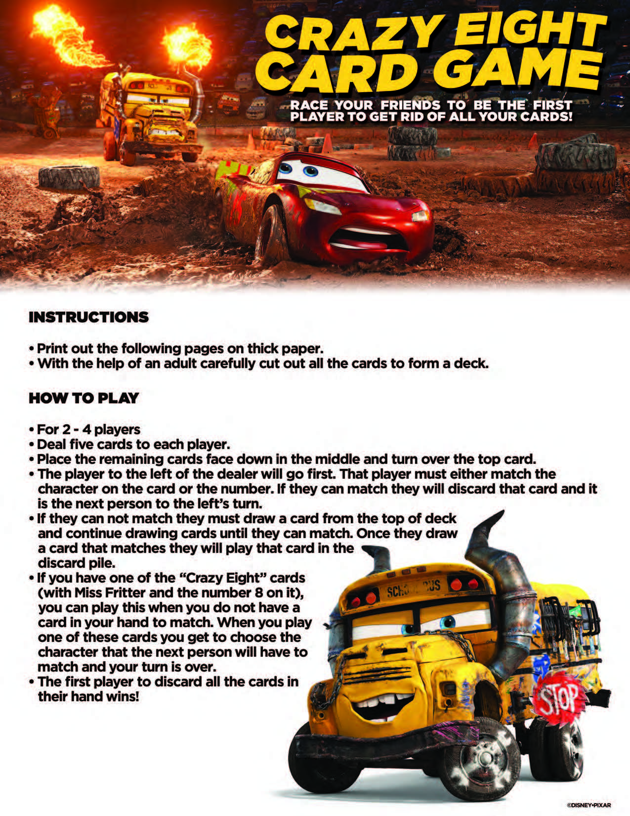 Cars 3 Activity Sheets - Crazy Eight Card Game