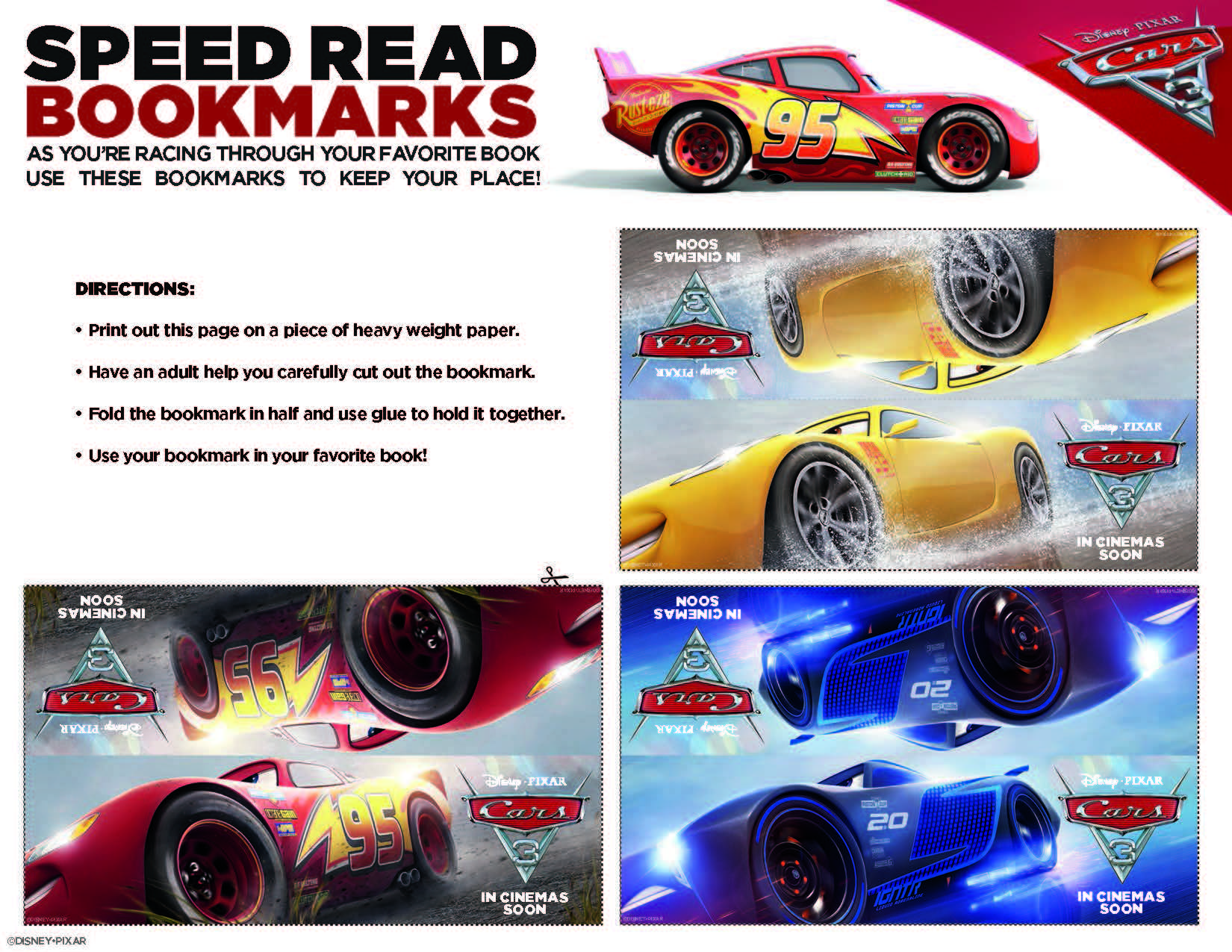 Cars 3 Activity Sheets - Speed Read Bookmarks