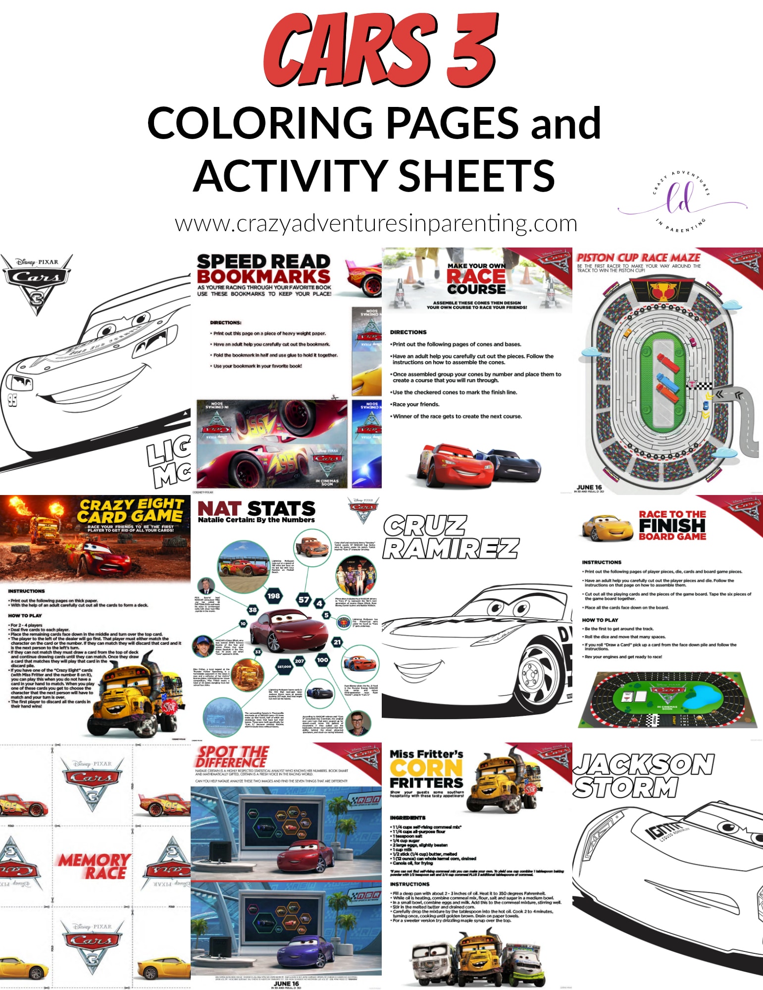 Cars 3 Activity Sheets and Coloring Pages
