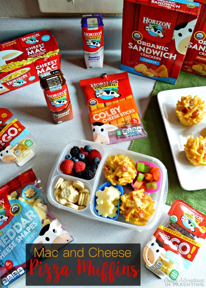 Mac and Cheese Pizza Muffins for School Lunches with Horizon Organic