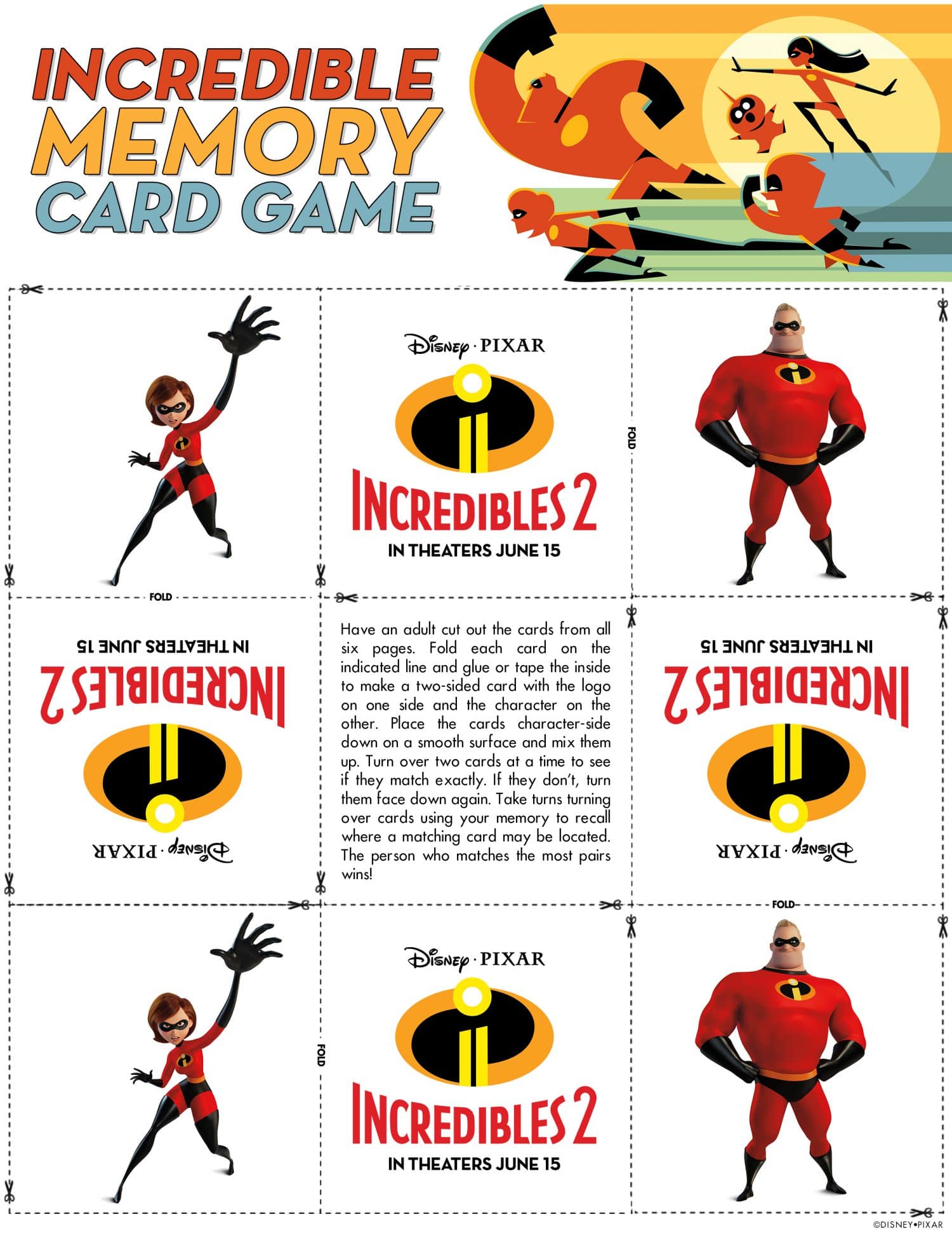Memory Cards Game Incredibles 2 Activity Sheet