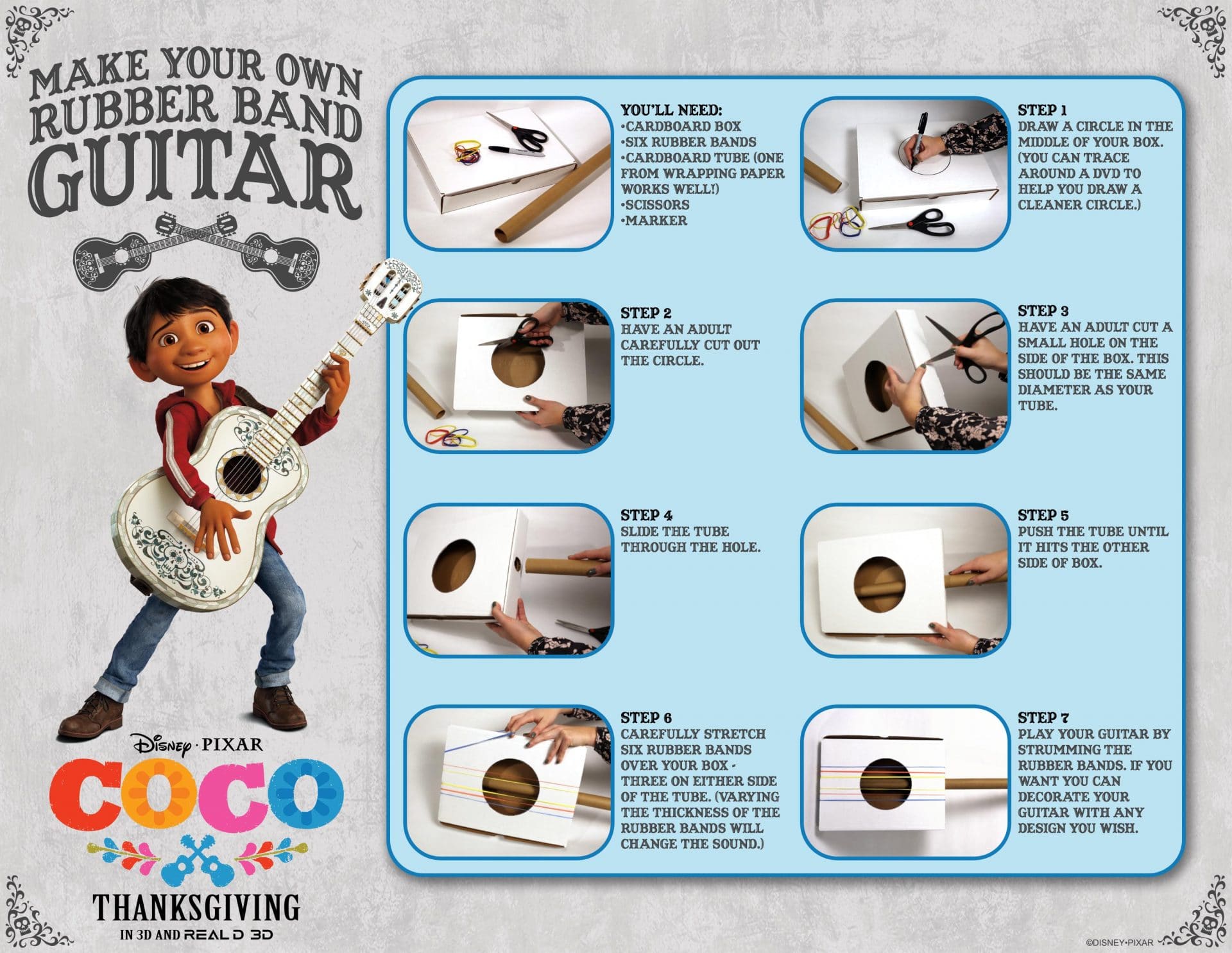 Coco Activity Sheets - Make Your Own Rubber Band Guitar Craft