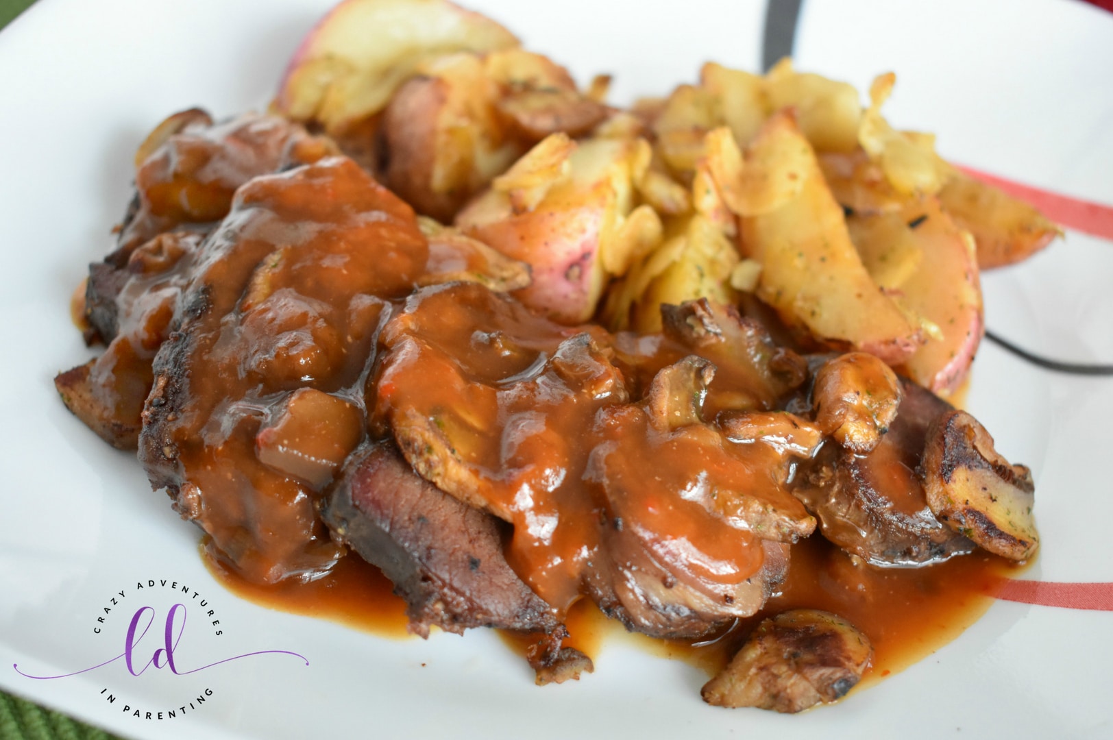 Tyson Fully Cooked Dinner and Entrée Kit - Seasoned Steak Fillet & Mushrooms plated and ready to eat