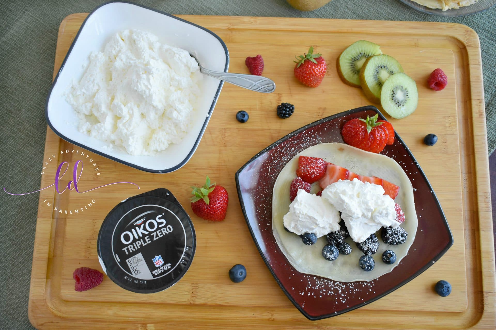 Yogurt Whipped Cream made with Oikos Triple Zero on Fruit Crepes